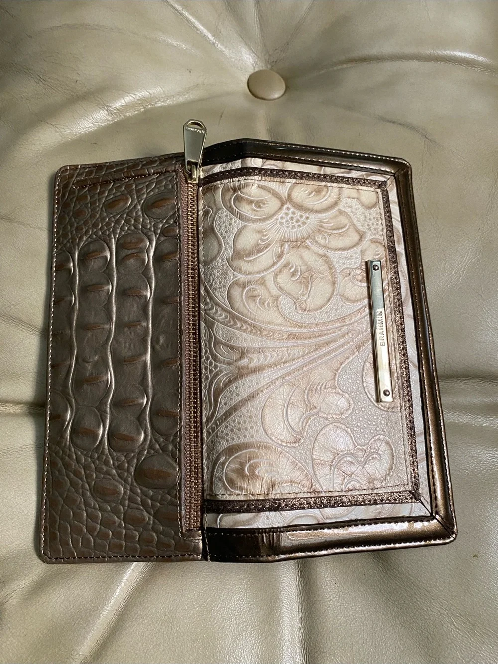 HTF Brahmin Bourdele Wallet in Cream/Gold/Taupe Scroll Embossed Leather